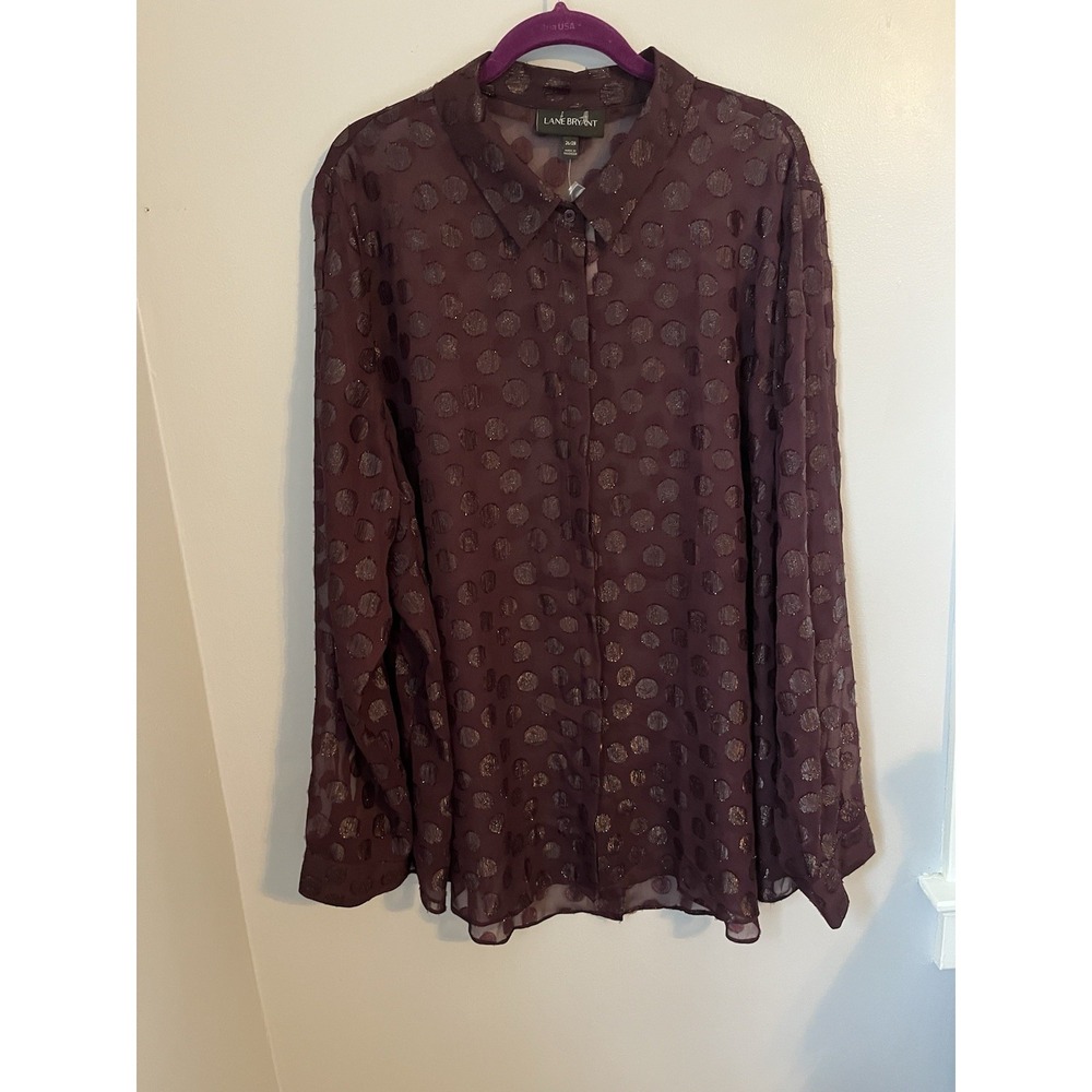 Lane Bryant Women's Button Up Long Sleeve Blouse Dark Plum Polka Dot 26/28 NWT